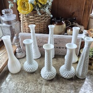 8pc. Vintage Milk Glass Hobnail  Starburst Anchor Hocking Vase Bundle Lot